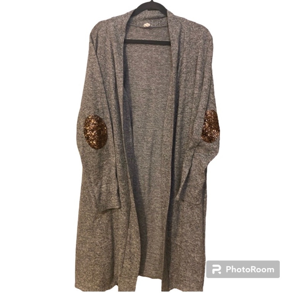 PinkBlush Maternity Heathered Gray Duster with Sequin Elbows